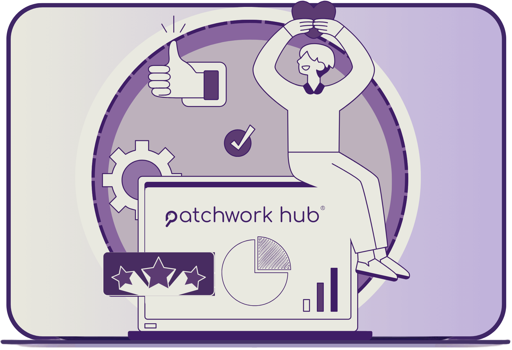 Branded illustration of a person sitting on a laptop displaying Patchwork Hub, with icons floating around symbolising employer branding.
